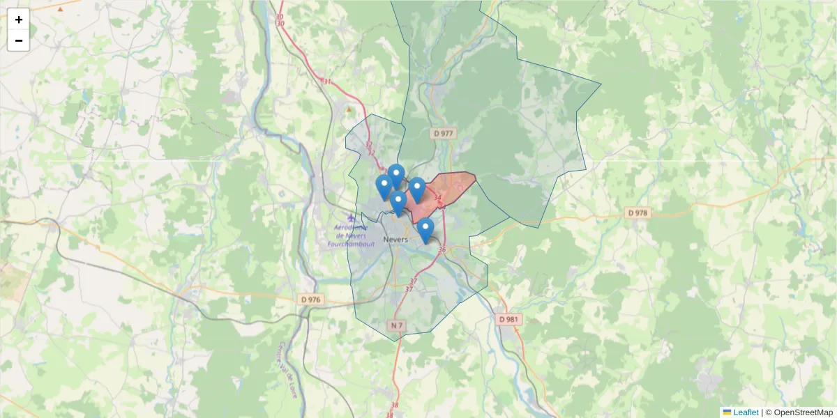Carte de la zone du code postal  et des codes postaux voisins en France
