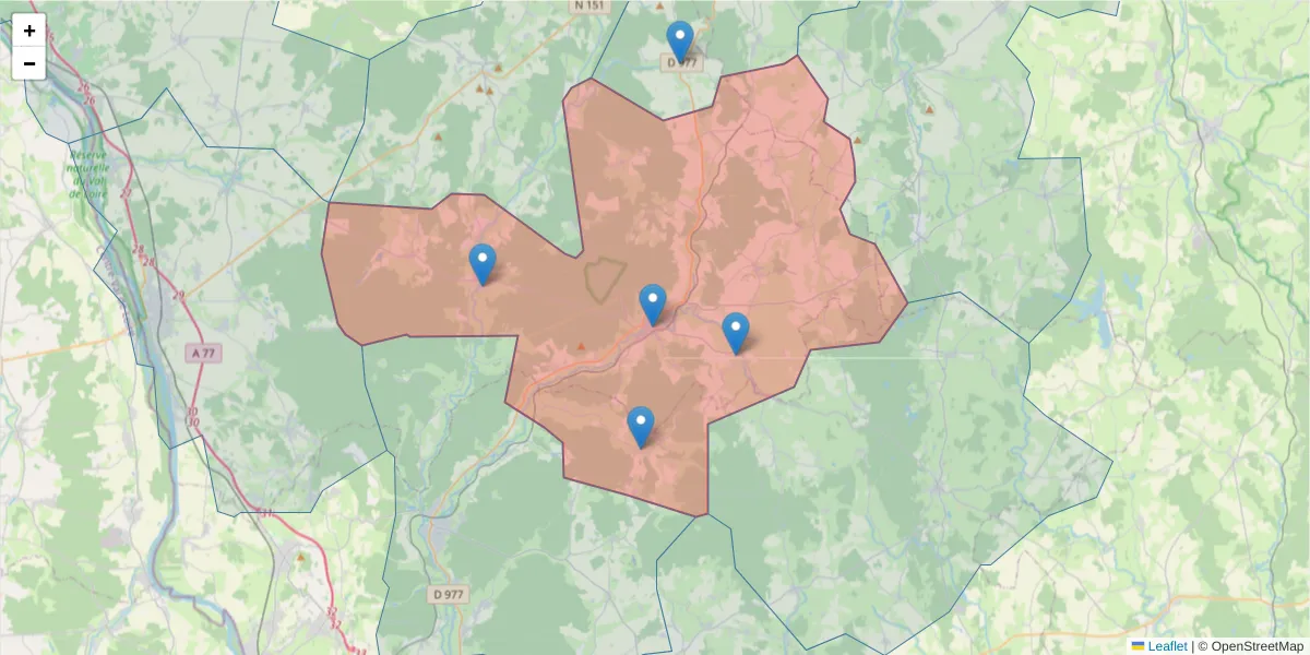 Carte de la zone du code postal  et des codes postaux voisins en France