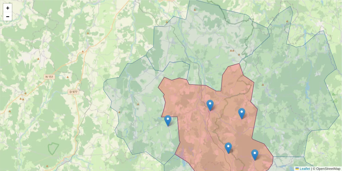 Carte de la zone du code postal  et des codes postaux voisins en France
