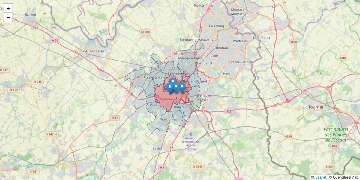 Carte de la zone du code postal  et des codes postaux voisins en France