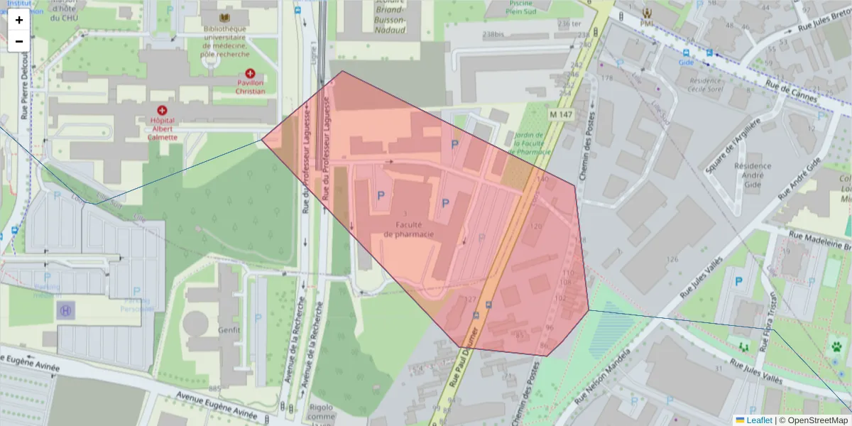 Carte de la zone du code postal  et des codes postaux voisins en France