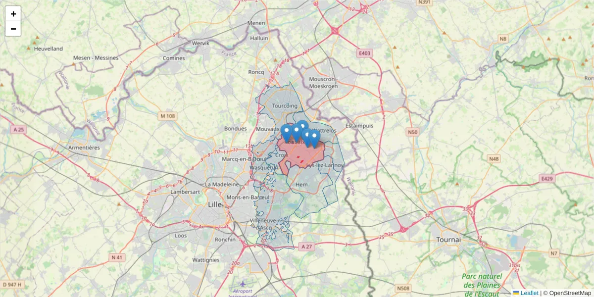 Carte de la zone du code postal  et des codes postaux voisins en France