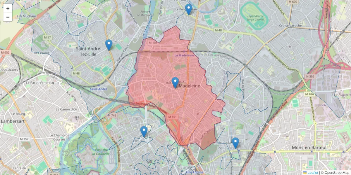 Carte de la zone du code postal  et des codes postaux voisins en France