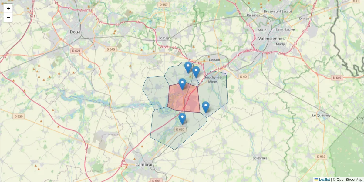 Carte de la zone du code postal  et des codes postaux voisins en France