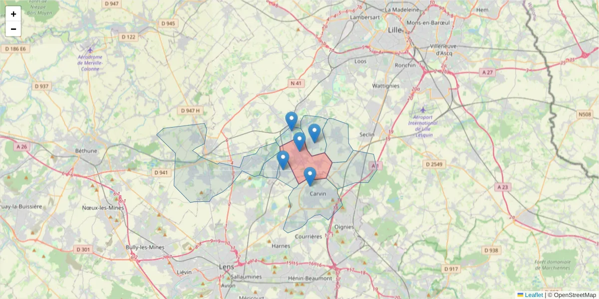 Carte de la zone du code postal  et des codes postaux voisins en France