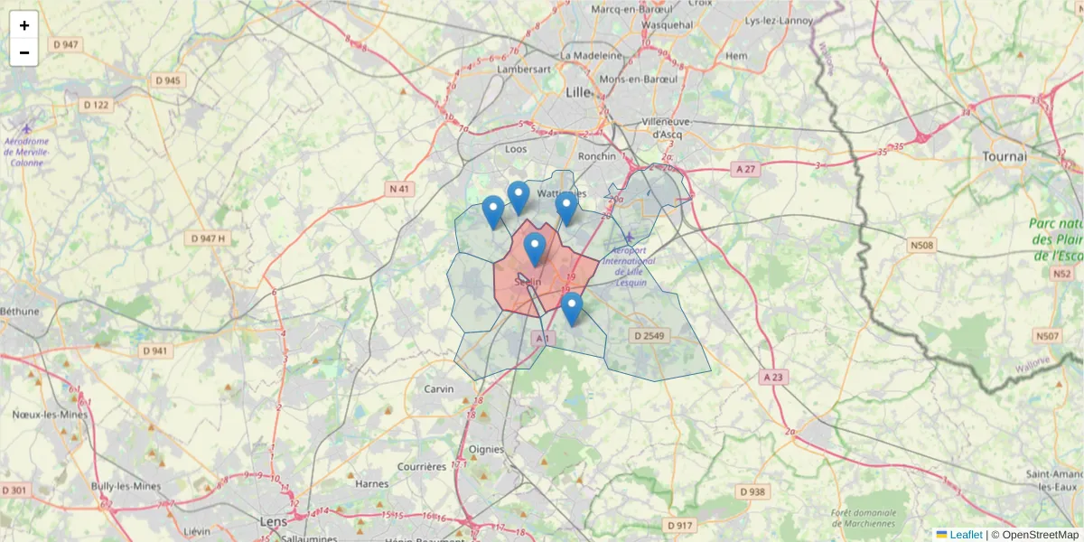Carte de la zone du code postal  et des codes postaux voisins en France