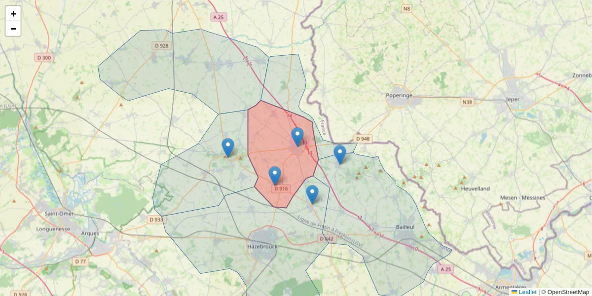 Carte de la zone du code postal  et des codes postaux voisins en France