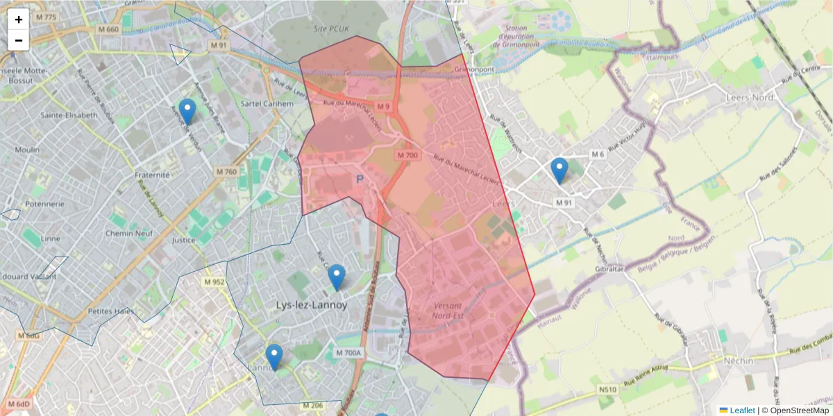 Carte de la zone du code postal  et des codes postaux voisins en France