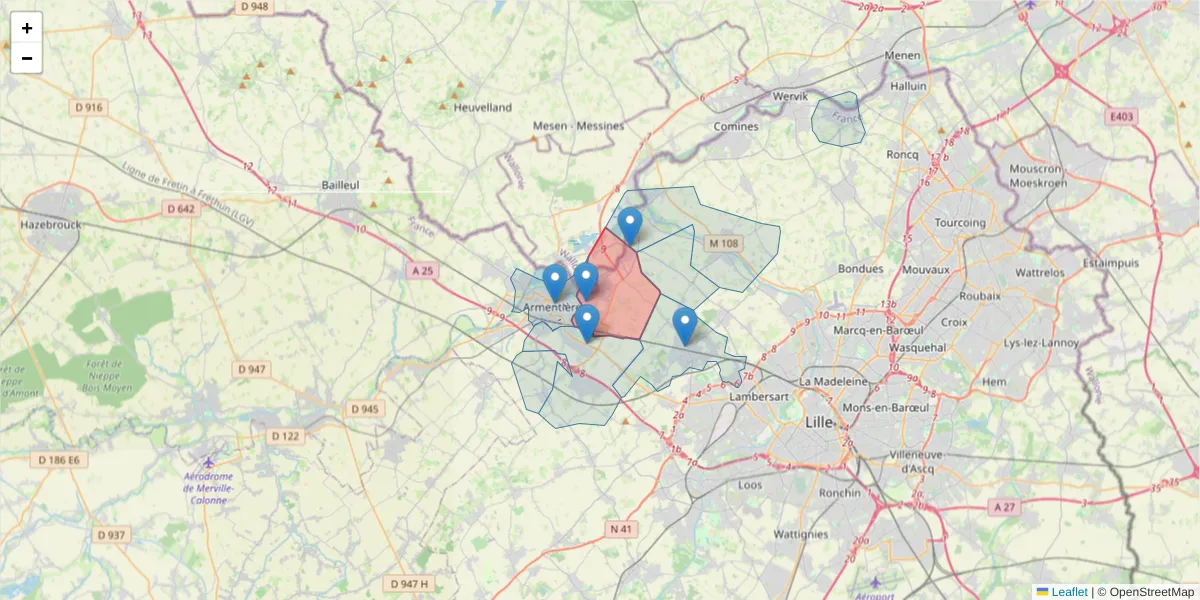 Carte de la zone du code postal  et des codes postaux voisins en France