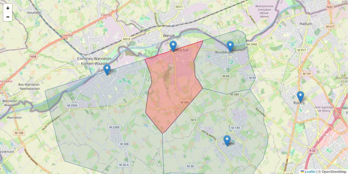 Carte de la zone du code postal  et des codes postaux voisins en France