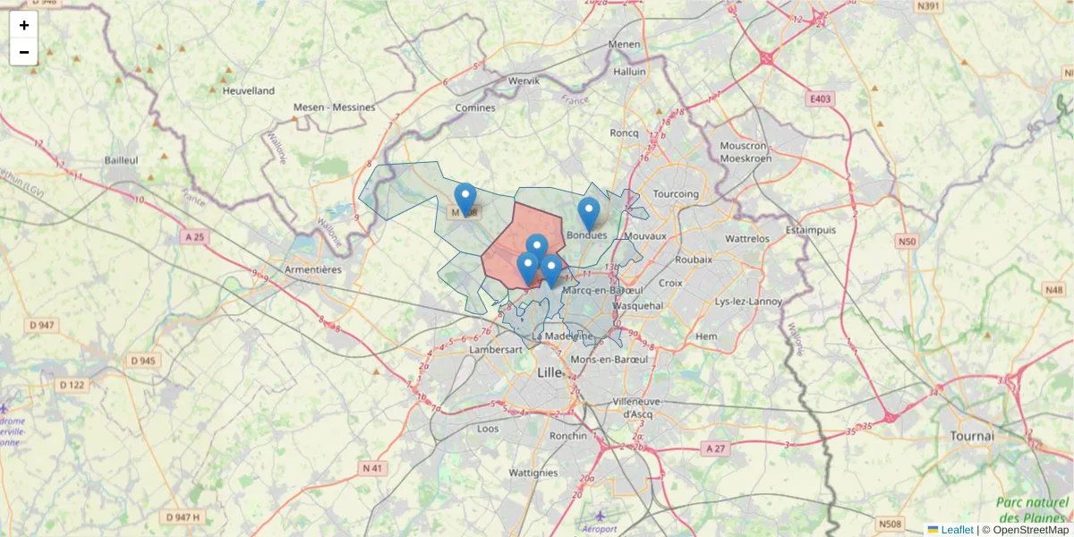 Carte de la zone du code postal  et des codes postaux voisins en France