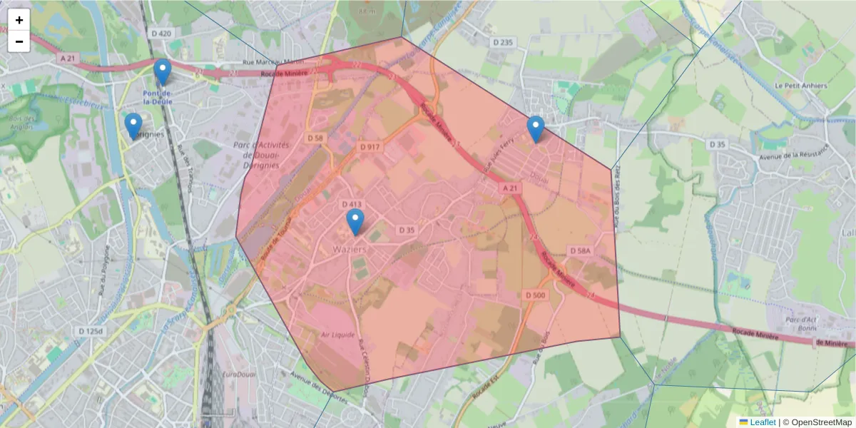 Carte de la zone du code postal  et des codes postaux voisins en France