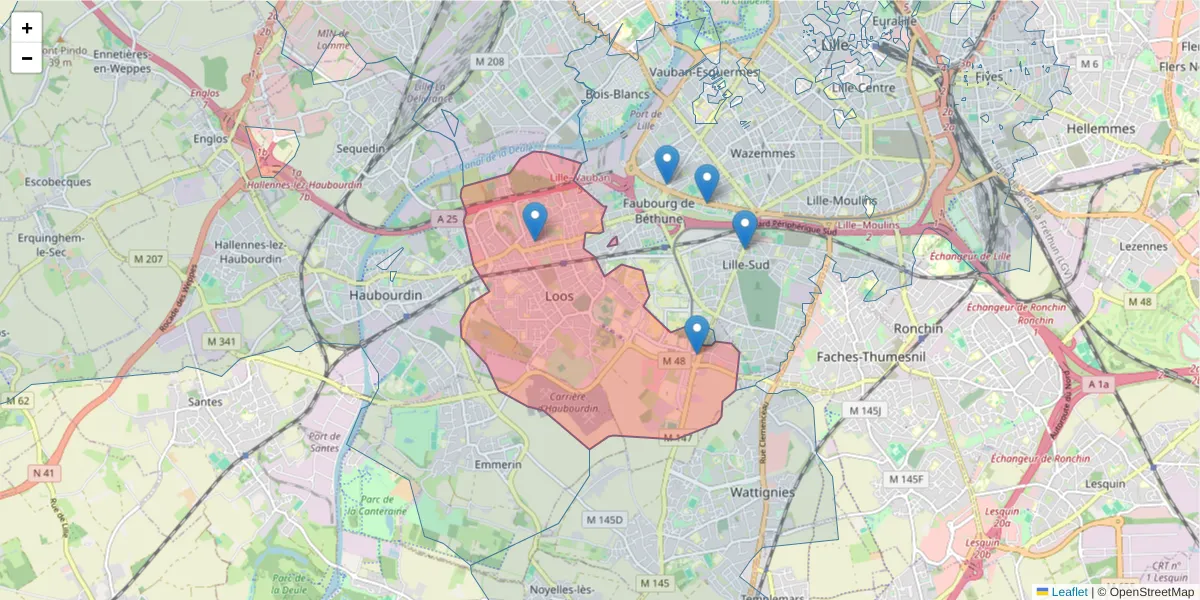 Carte de la zone du code postal  et des codes postaux voisins en France