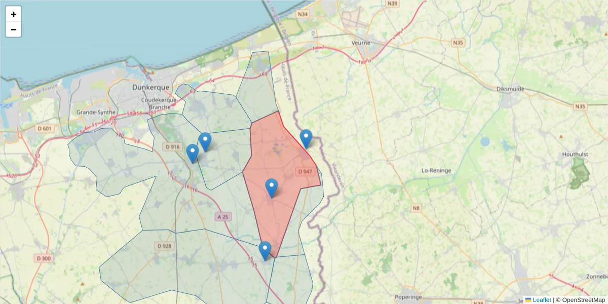 Carte de la zone du code postal  et des codes postaux voisins en France