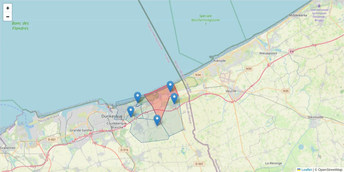 Carte de la zone du code postal  et des codes postaux voisins en France