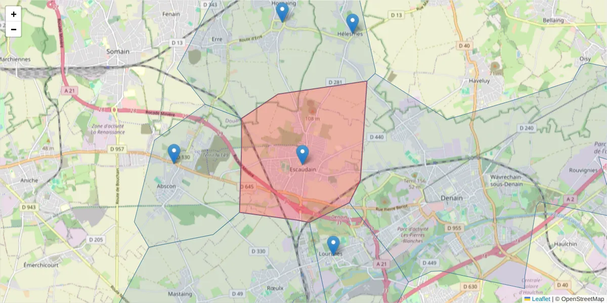 Carte de la zone du code postal  et des codes postaux voisins en France