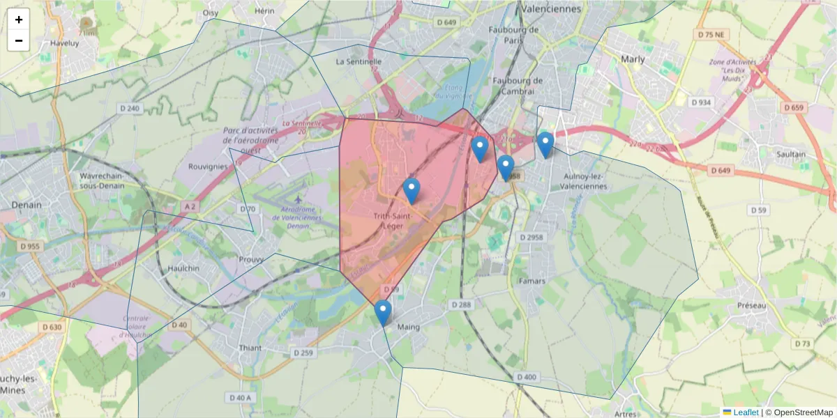 Carte de la zone du code postal  et des codes postaux voisins en France