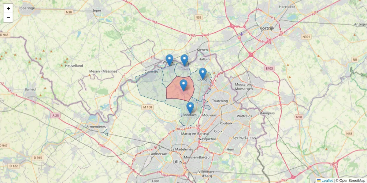 Carte de la zone du code postal  et des codes postaux voisins en France