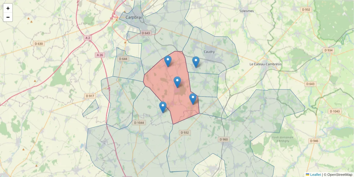 Carte de la zone du code postal  et des codes postaux voisins en France