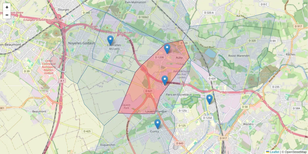 Carte de la zone du code postal  et des codes postaux voisins en France