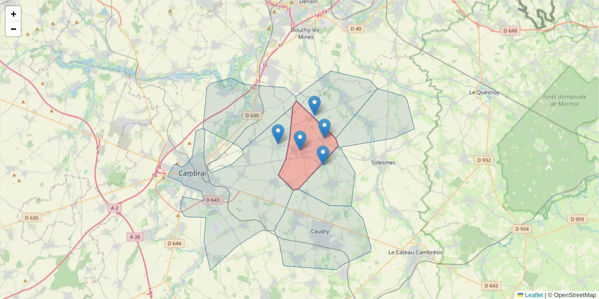 Carte de la zone du code postal  et des codes postaux voisins en France