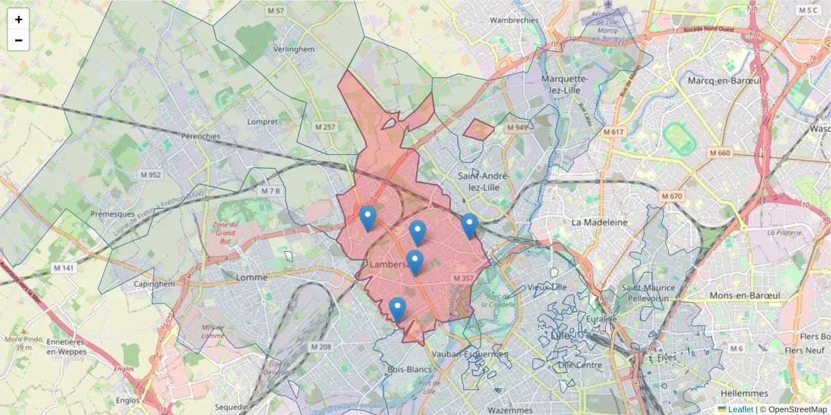 Carte de la zone du code postal  et des codes postaux voisins en France