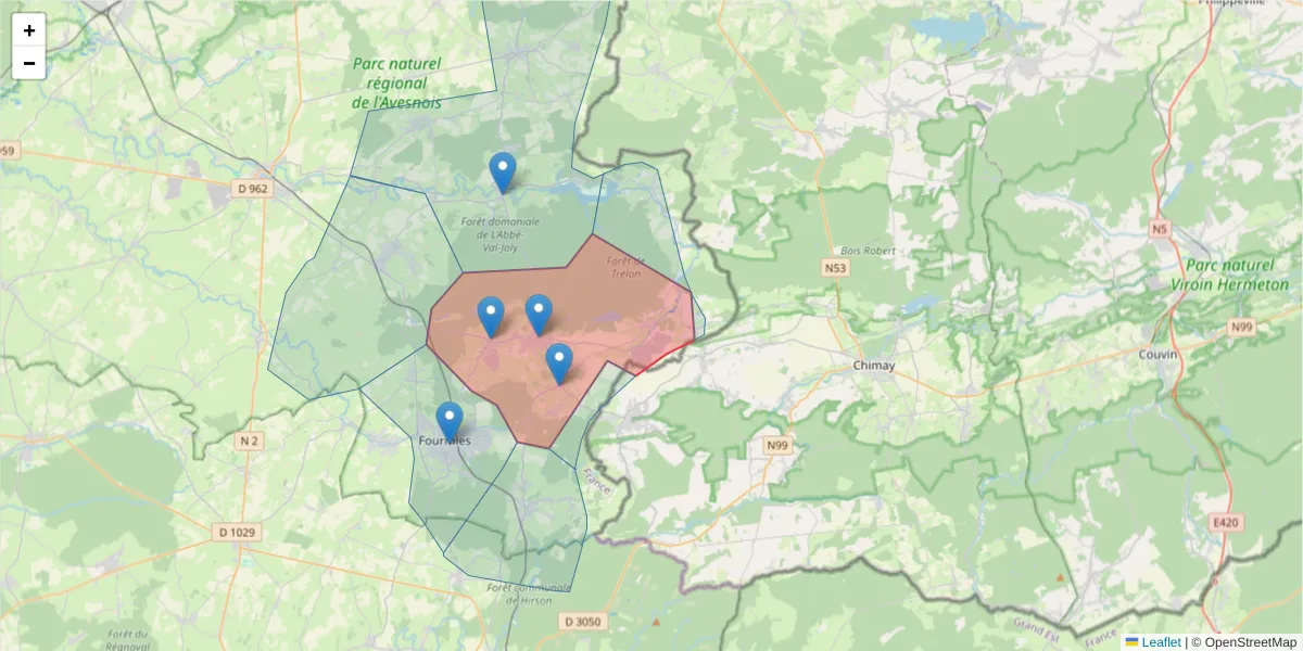 Carte de la zone du code postal  et des codes postaux voisins en France