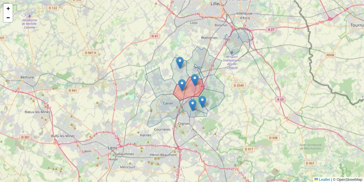 Carte de la zone du code postal  et des codes postaux voisins en France