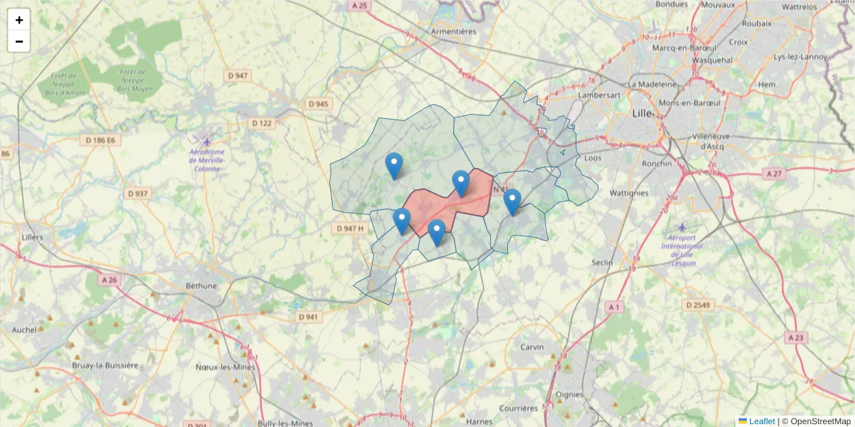 Carte de la zone du code postal  et des codes postaux voisins en France