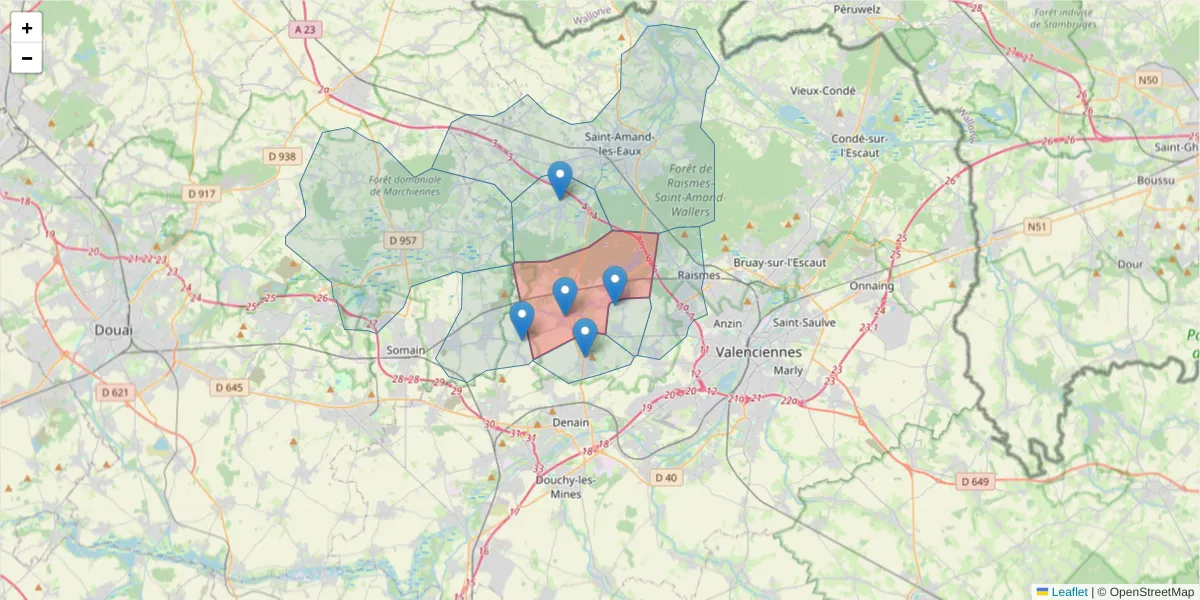 Carte de la zone du code postal  et des codes postaux voisins en France