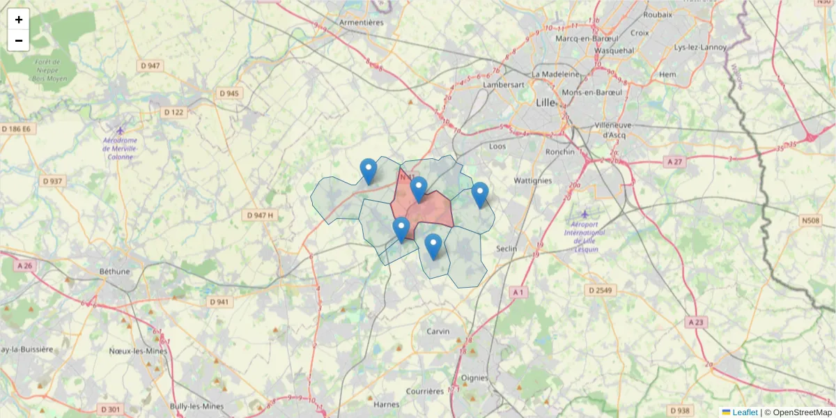 Carte de la zone du code postal  et des codes postaux voisins en France