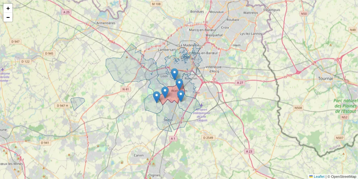 Carte de la zone du code postal  et des codes postaux voisins en France