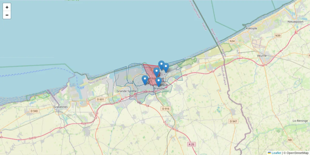 Carte de la zone du code postal  et des codes postaux voisins en France