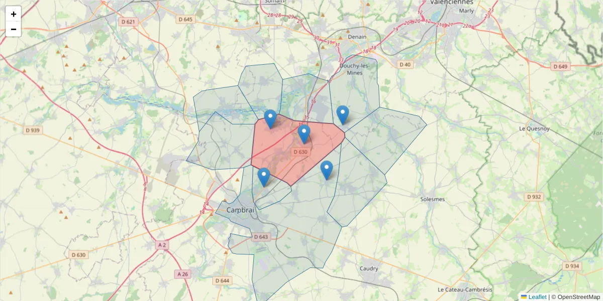 Carte de la zone du code postal  et des codes postaux voisins en France