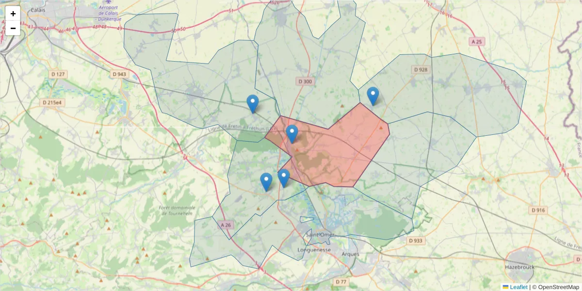 Carte de la zone du code postal  et des codes postaux voisins en France