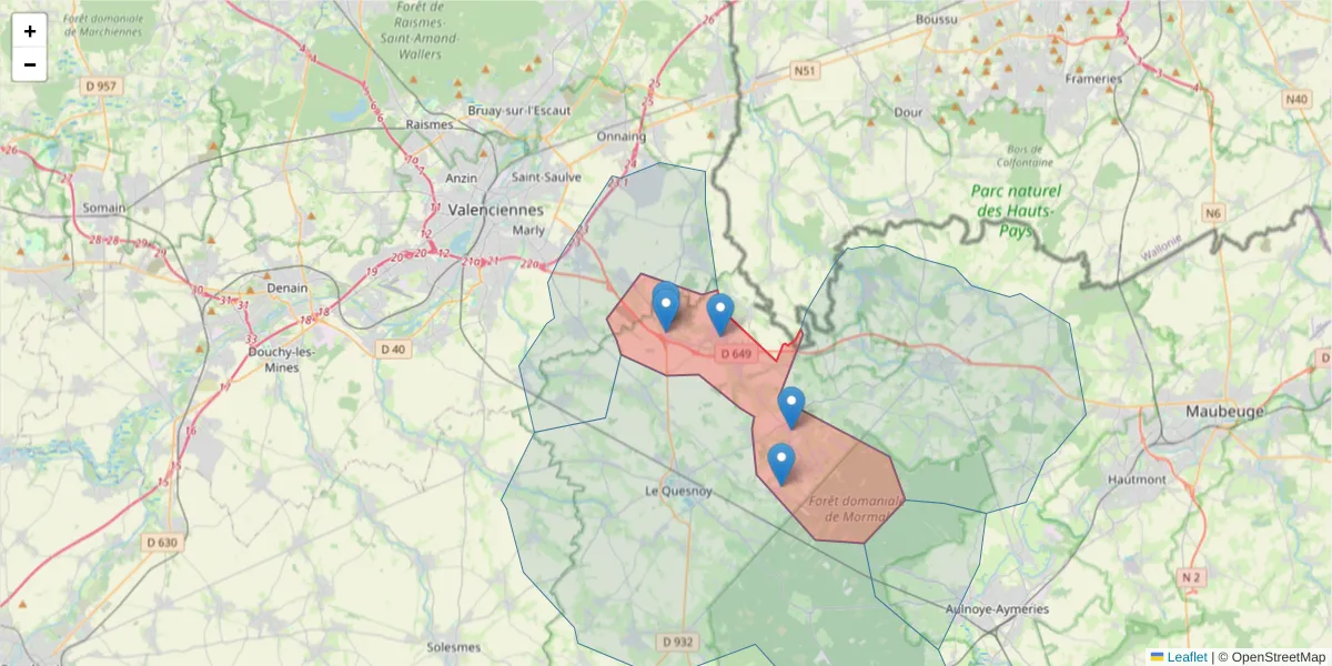 Carte de la zone du code postal  et des codes postaux voisins en France