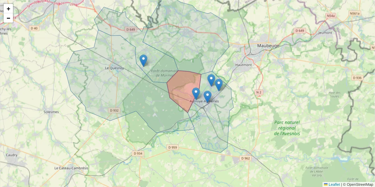 Carte de la zone du code postal  et des codes postaux voisins en France