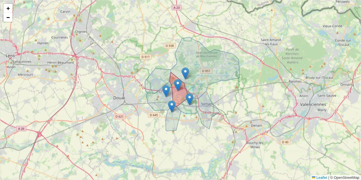 Carte de la zone du code postal  et des codes postaux voisins en France