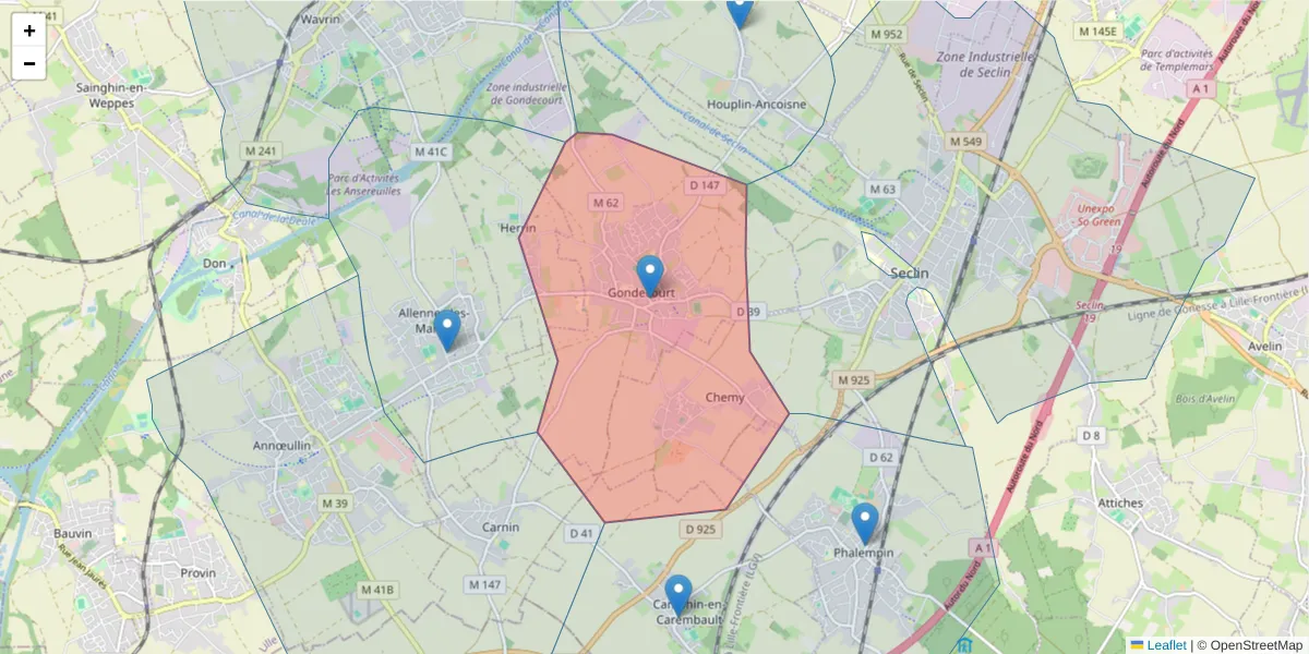 Carte de la zone du code postal  et des codes postaux voisins en France