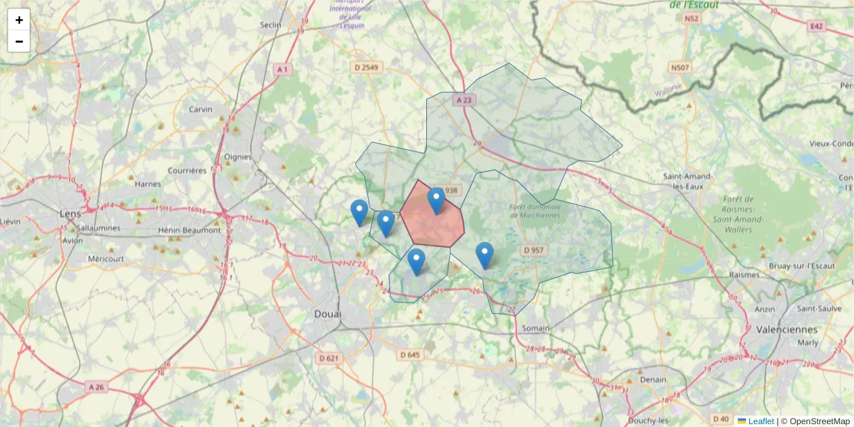 Carte de la zone du code postal  et des codes postaux voisins en France