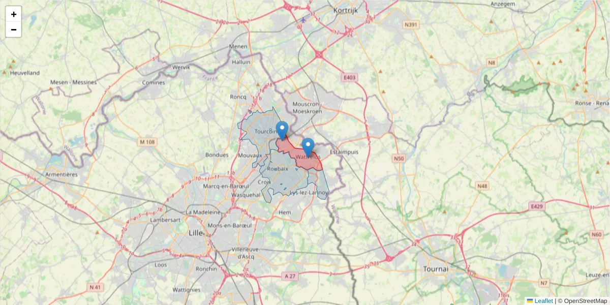 Carte de la zone du code postal  et des codes postaux voisins en France