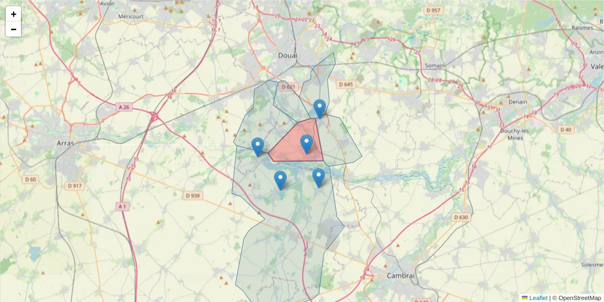 Carte de la zone du code postal  et des codes postaux voisins en France