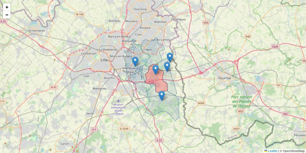 Carte de la zone du code postal  et des codes postaux voisins en France