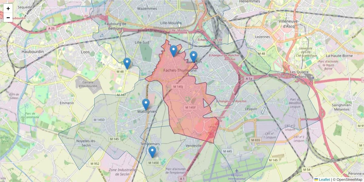 Carte de la zone du code postal  et des codes postaux voisins en France