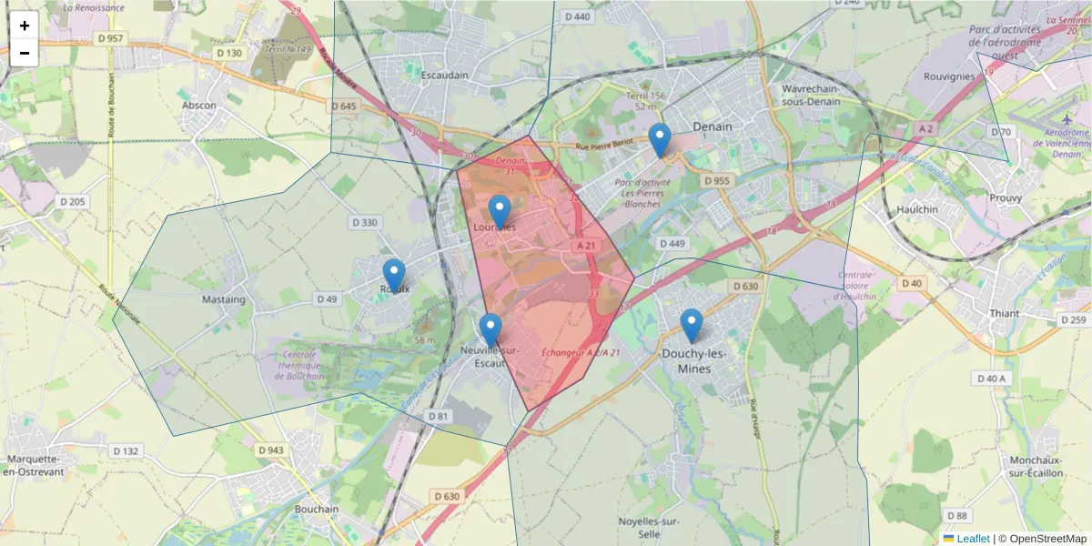Carte de la zone du code postal  et des codes postaux voisins en France
