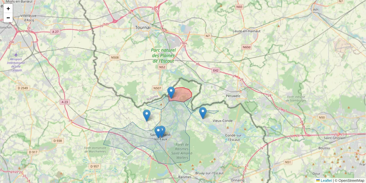 Carte de la zone du code postal  et des codes postaux voisins en France