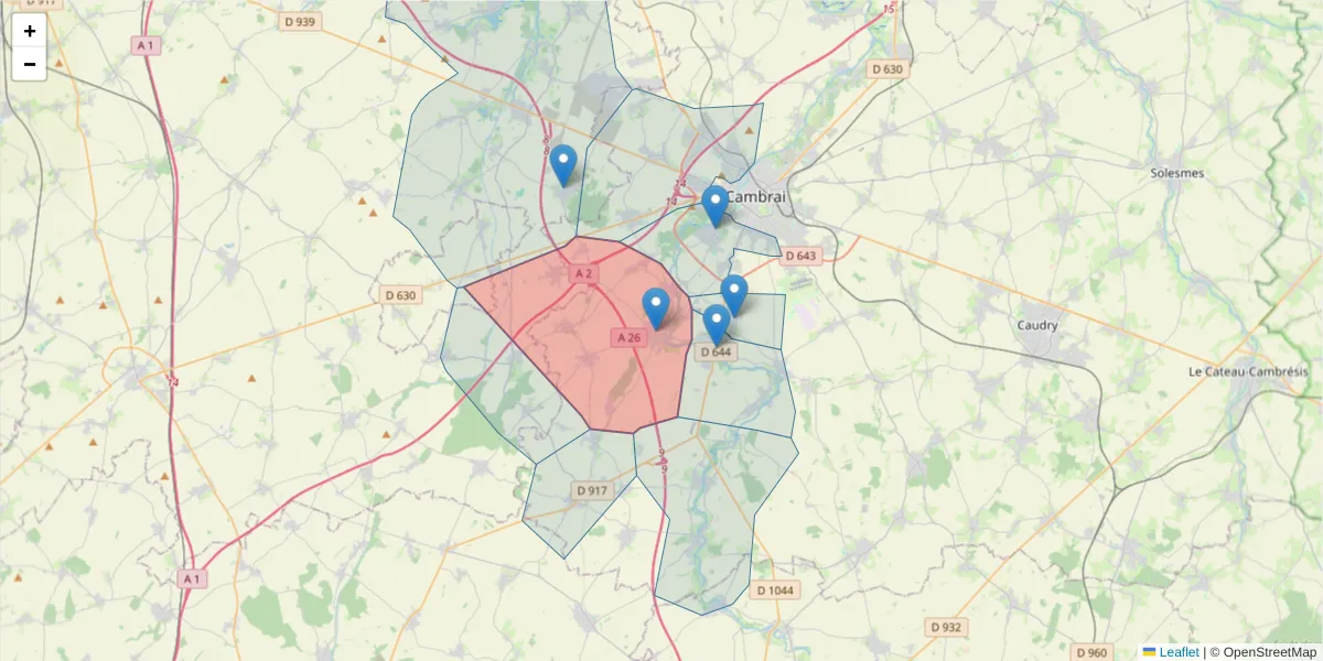 Carte de la zone du code postal  et des codes postaux voisins en France