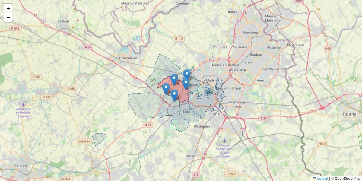 Carte de la zone du code postal  et des codes postaux voisins en France