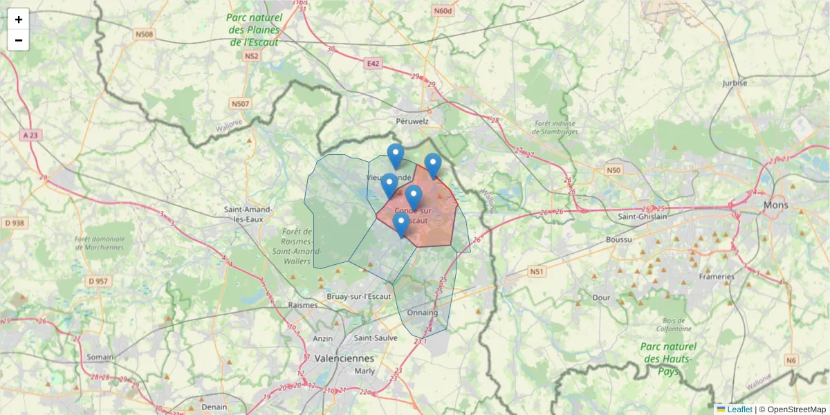 Carte de la zone du code postal  et des codes postaux voisins en France
