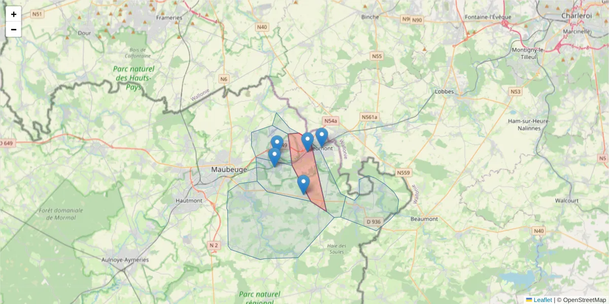 Carte de la zone du code postal  et des codes postaux voisins en France